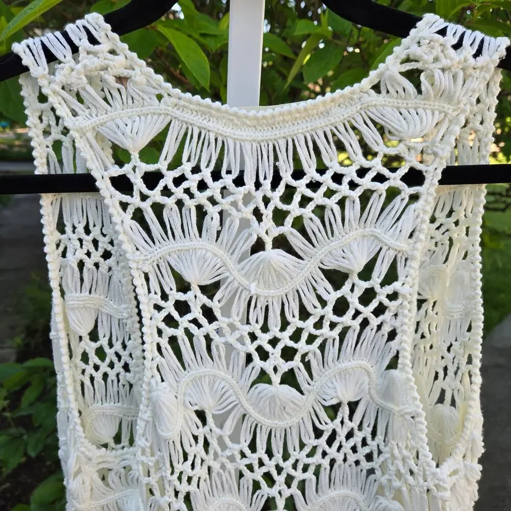White Crochet Boho Cardigan Vest by hippie laundry Festival size Small